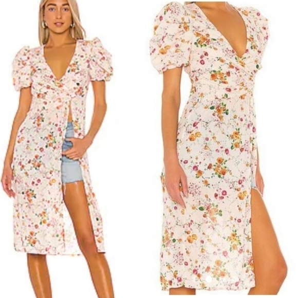 Revolve x House of Harlow 1960 Maeve Midi Floral Top Puff Sleeves Leg Slit S - Picture 1 of 16